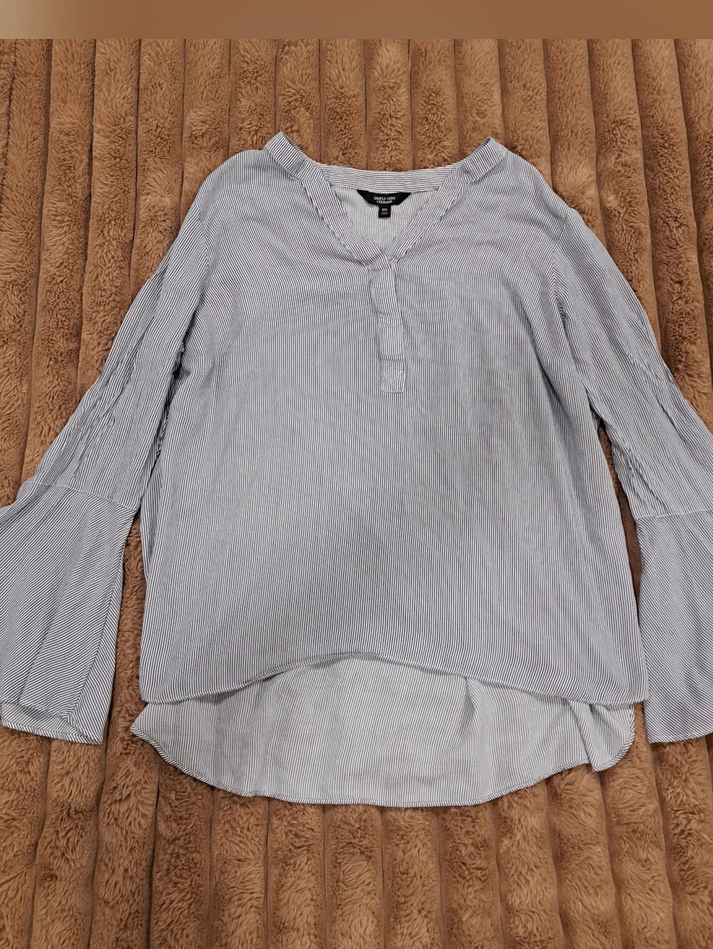 Simply Vera Vera Wang Blue-White Pinstripe V-Neck Bell-Sleeve Tunic